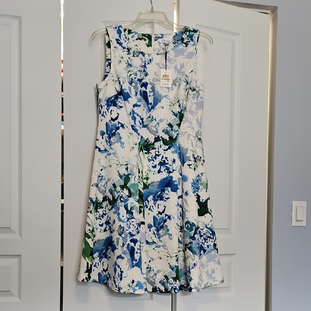 Floral Fit & Flare Dress in Blue and Green